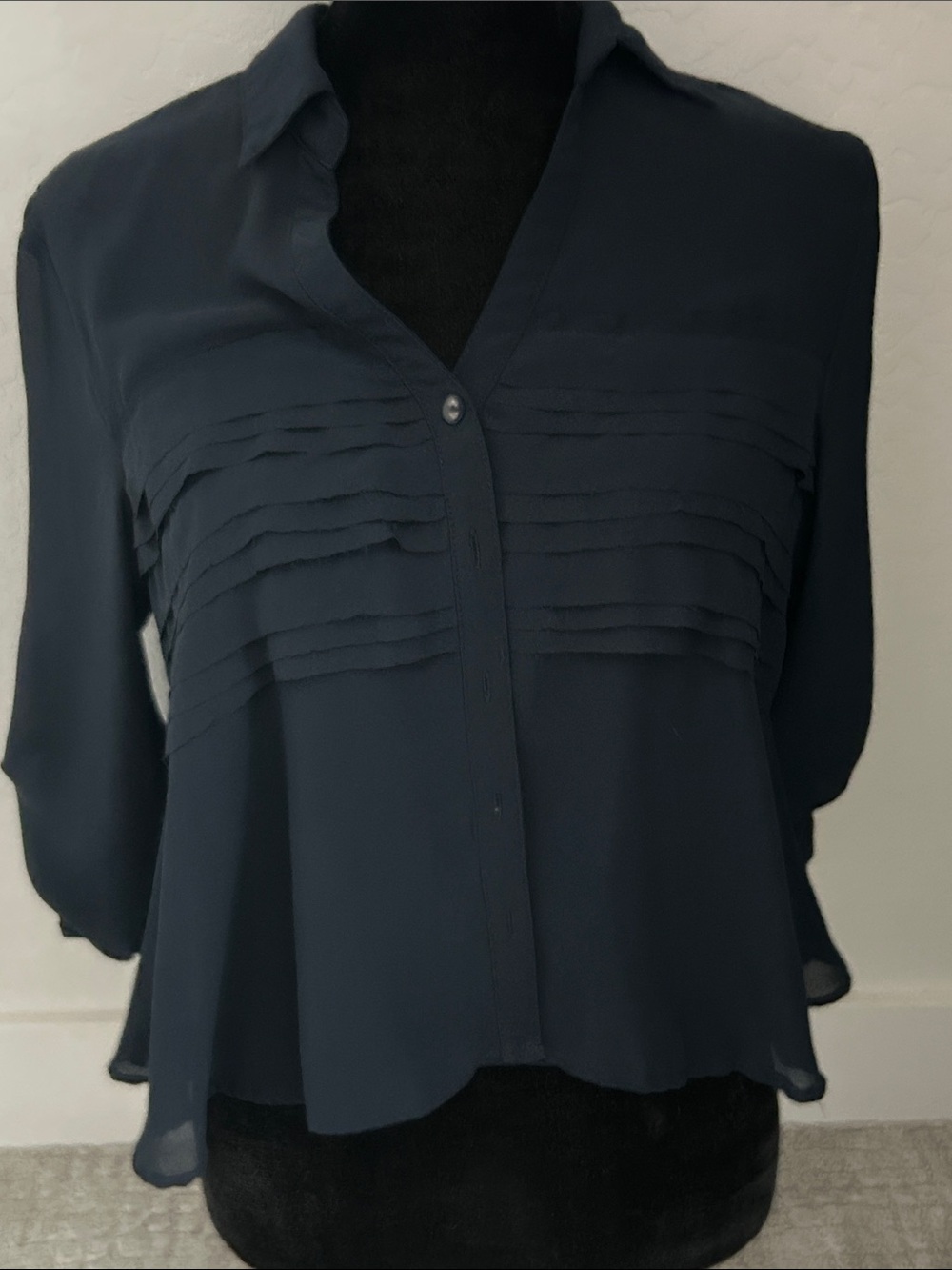 Double Zero Navy Pintuck Button-Front Blouse